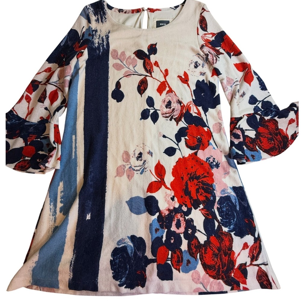 Maeve Anthropologie Floral Stripe Bell Sleeve Shift Dress Large Cream Red Navy